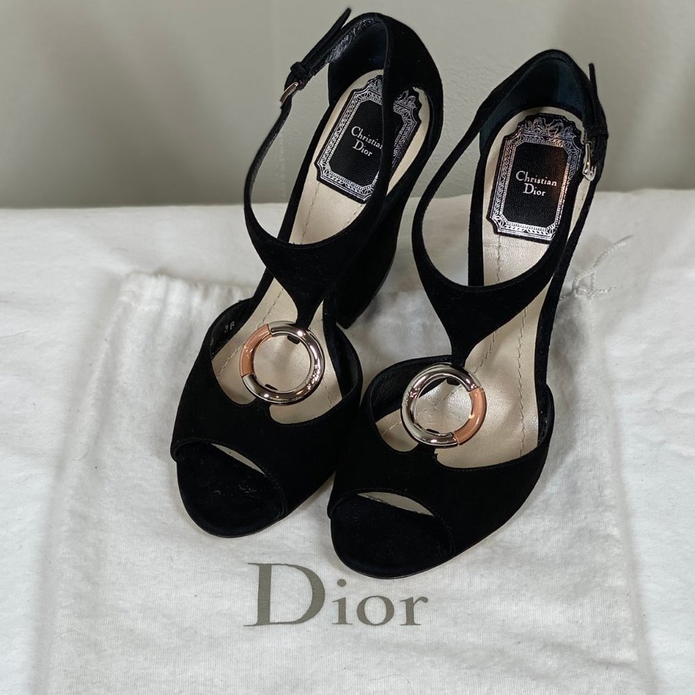 Christian Dior Black Suede T strap heels